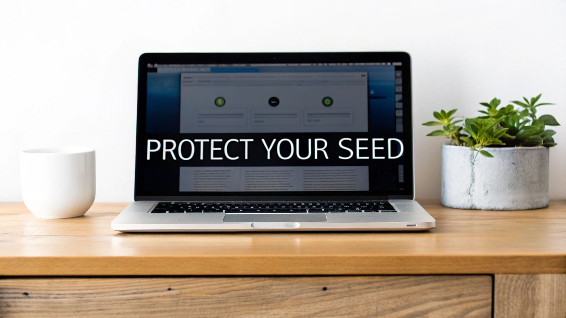 A laptop on a wooden desk displays 'PROTECT YOUR SEED' on its screen, next to a white mug and a green plant.
