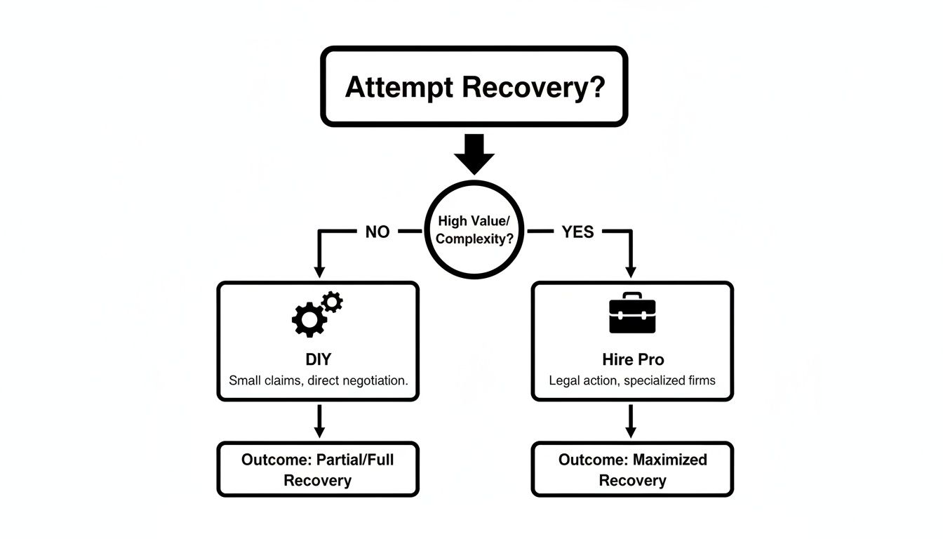 Flowchart showing recovery options: DIY for small claims, or hire a professional for complex cases.