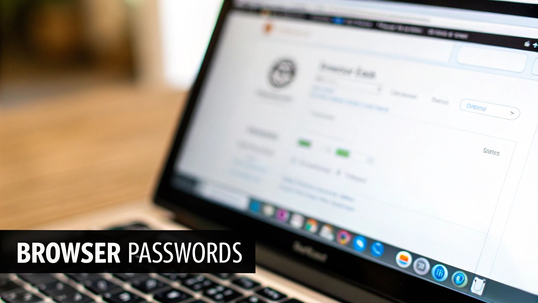 Close-up of a laptop screen displaying a web page with account settings and 'BROWSER PASSWORDS' text.