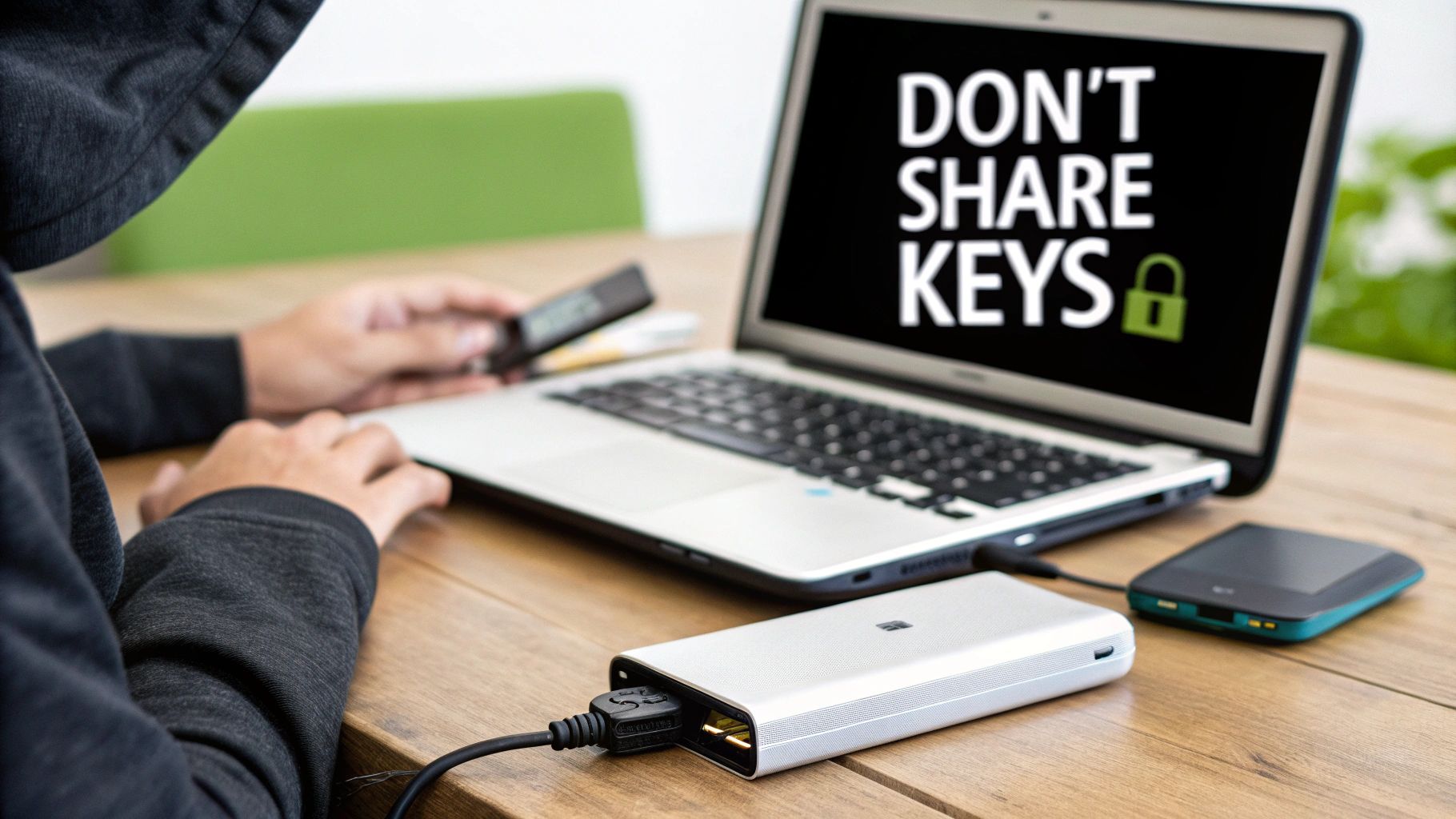 A person in a hoodie works on a laptop displaying 'DON'T SHARE KEYS' and a padlock, with a power bank connected.