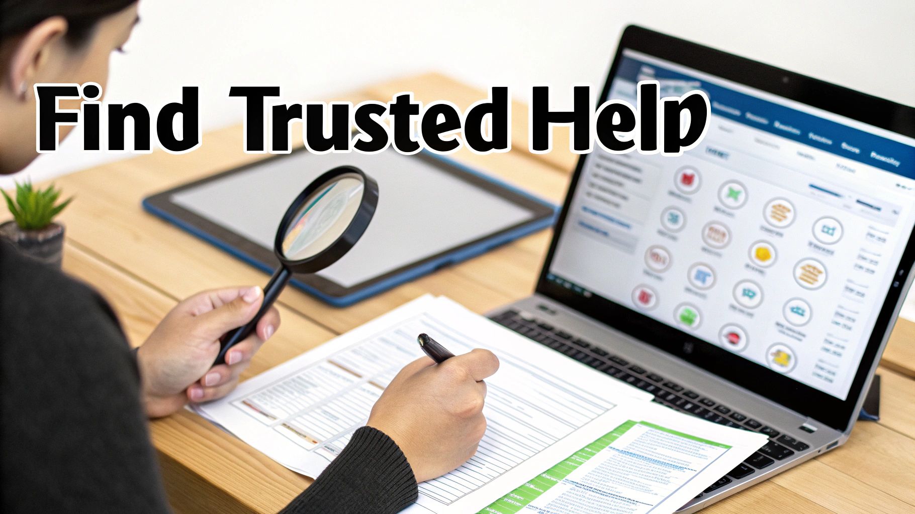 Person reviewing documents with a magnifying glass and pen, with a laptop, finding trusted help.