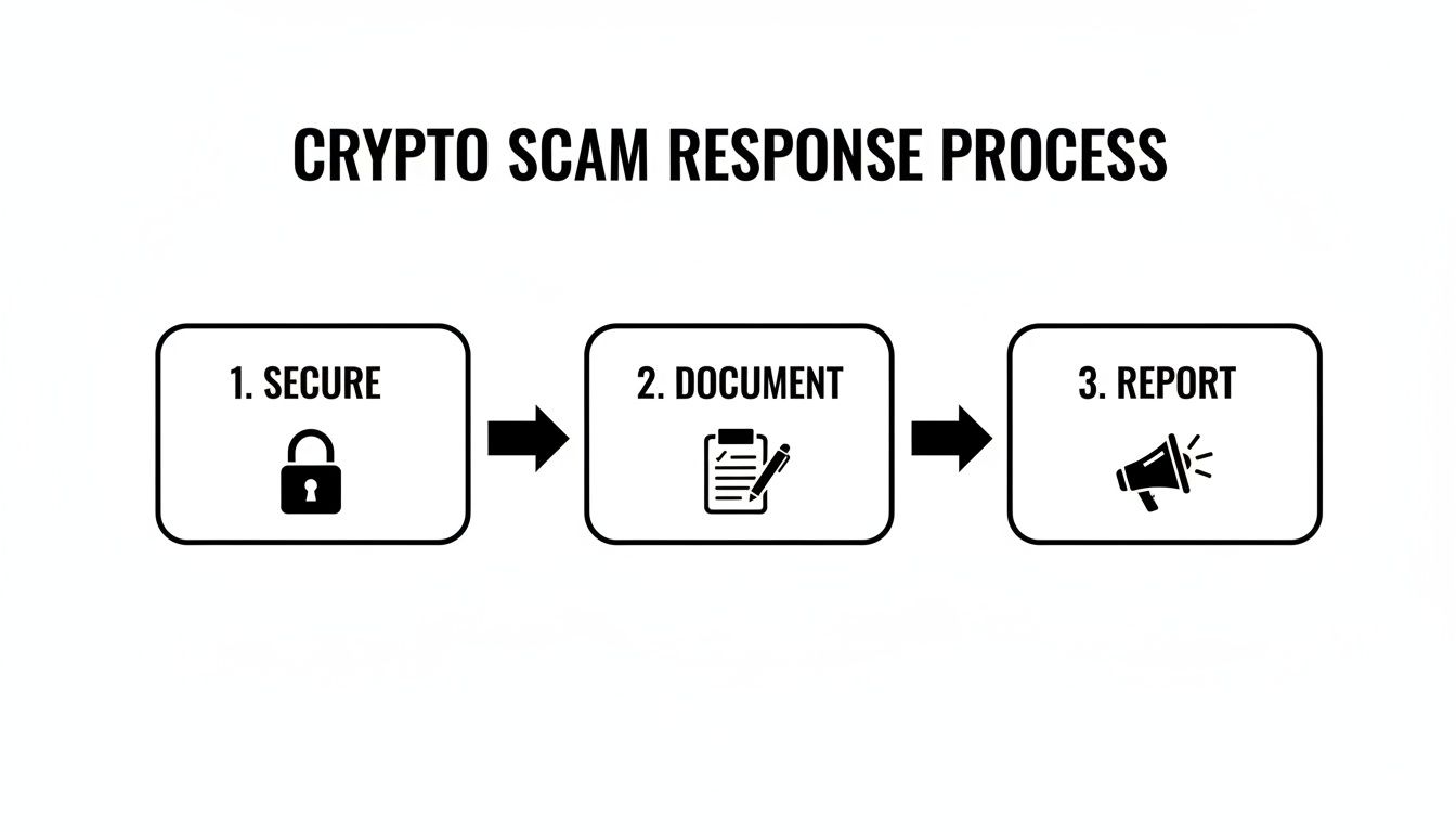 Diagram illustrating the 3-step crypto scam response process: Secure, Document, and Report, with relevant icons.