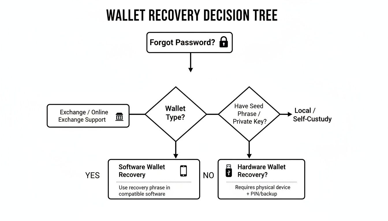 Flowchart for recovering a crypto wallet after forgetting the password, detailing steps for exchange, software, and hardware wallets.