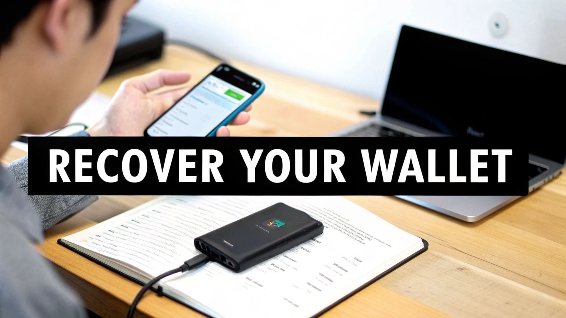 A person holds a smartphone near a hardware wallet and laptop, demonstrating digital wallet recovery.