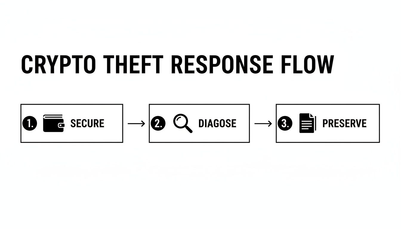 Flowchart illustrating three essential steps for crypto theft response: secure, diagnose, and preserve assets.