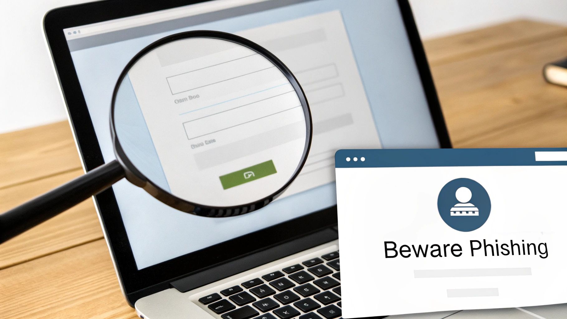 Laptop with login form under magnifying glass, a pop-up warns 'Beware Phishing' with a user icon.