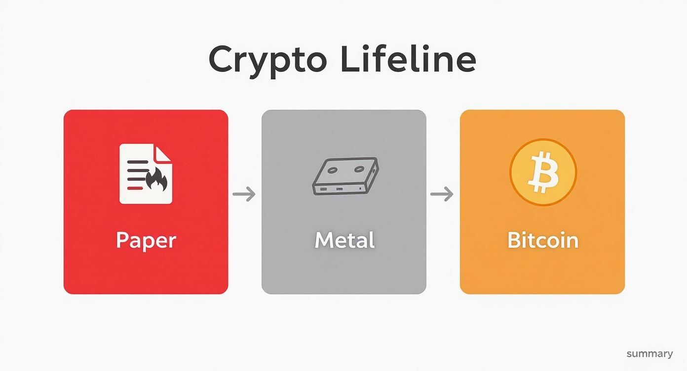A 'Crypto Lifeline' infographic illustrating the progression from paper to metal for Bitcoin seed phrase storage.