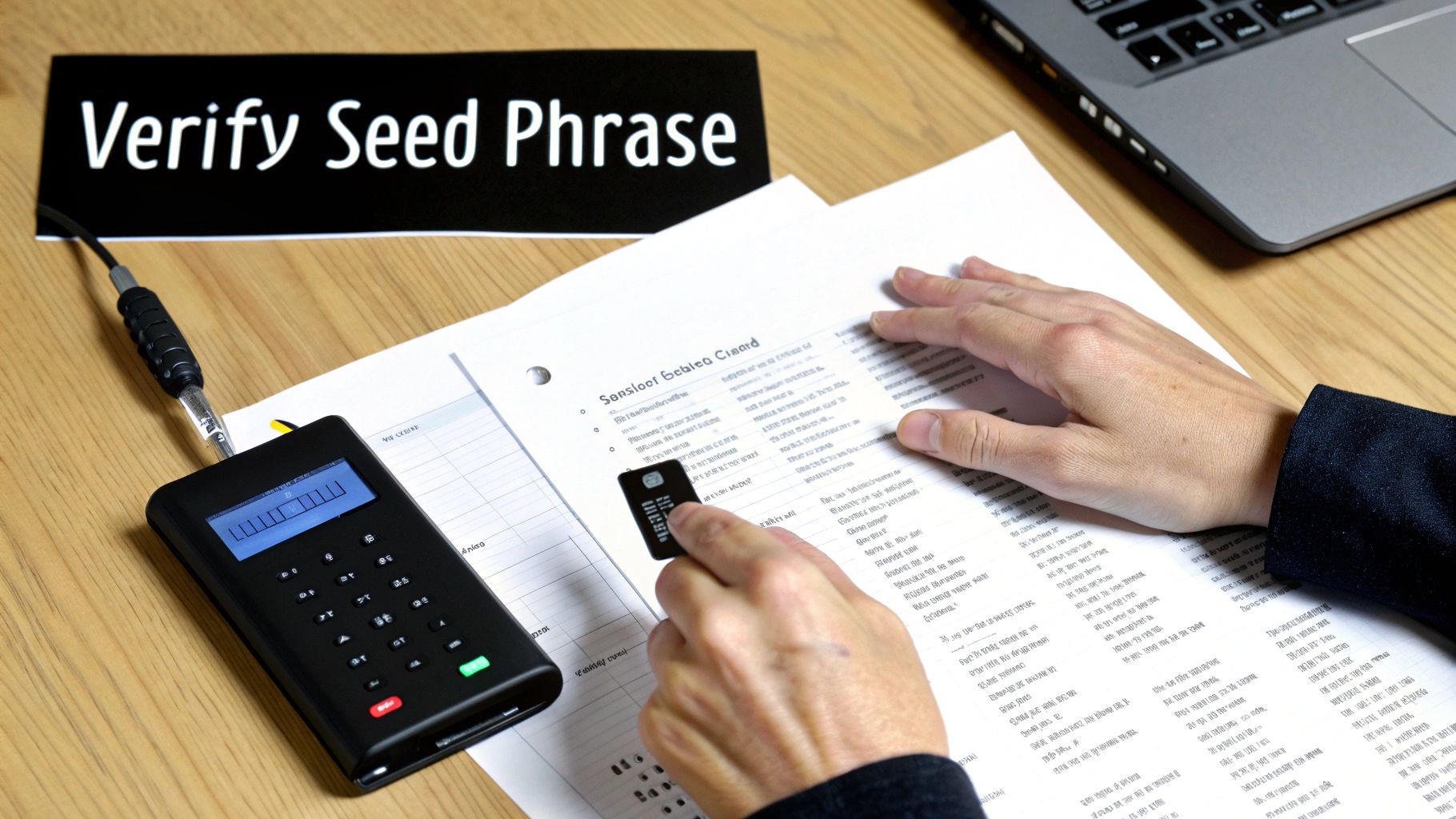 A person uses a hardware wallet to verify a seed phrase, with documents and a laptop nearby.