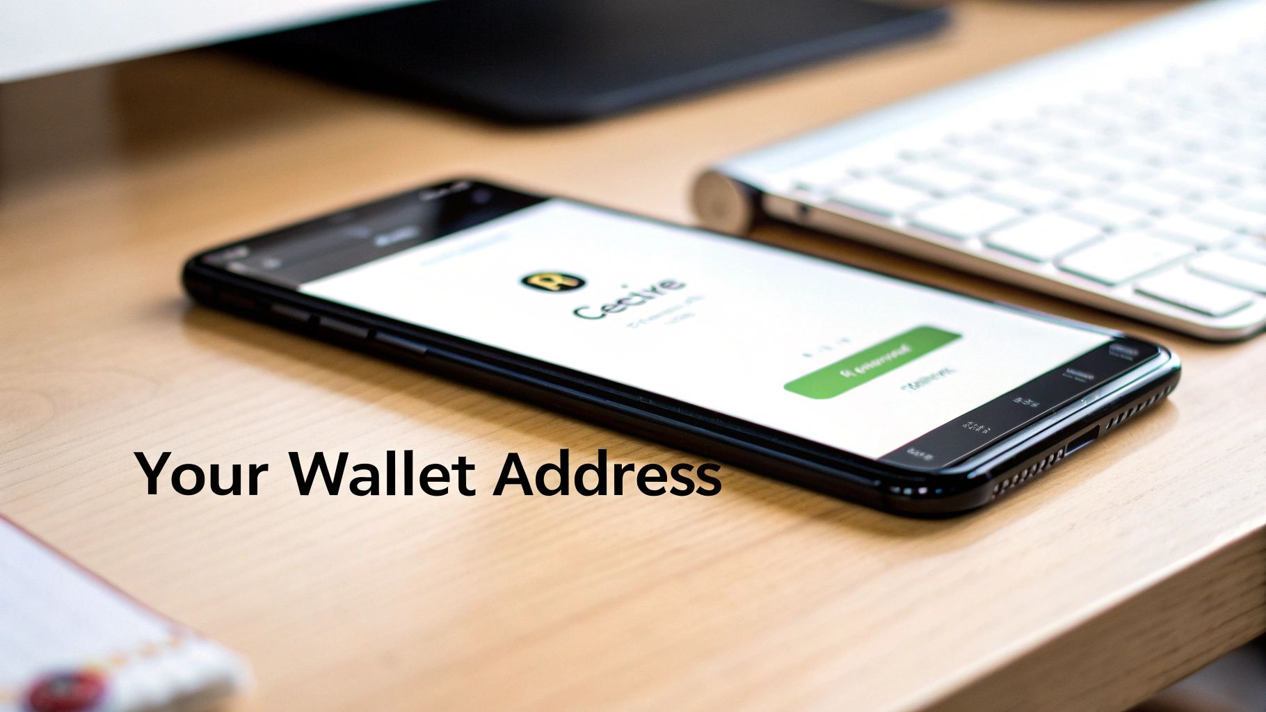 A person holding a smartphone displaying a QR code for a crypto wallet address.