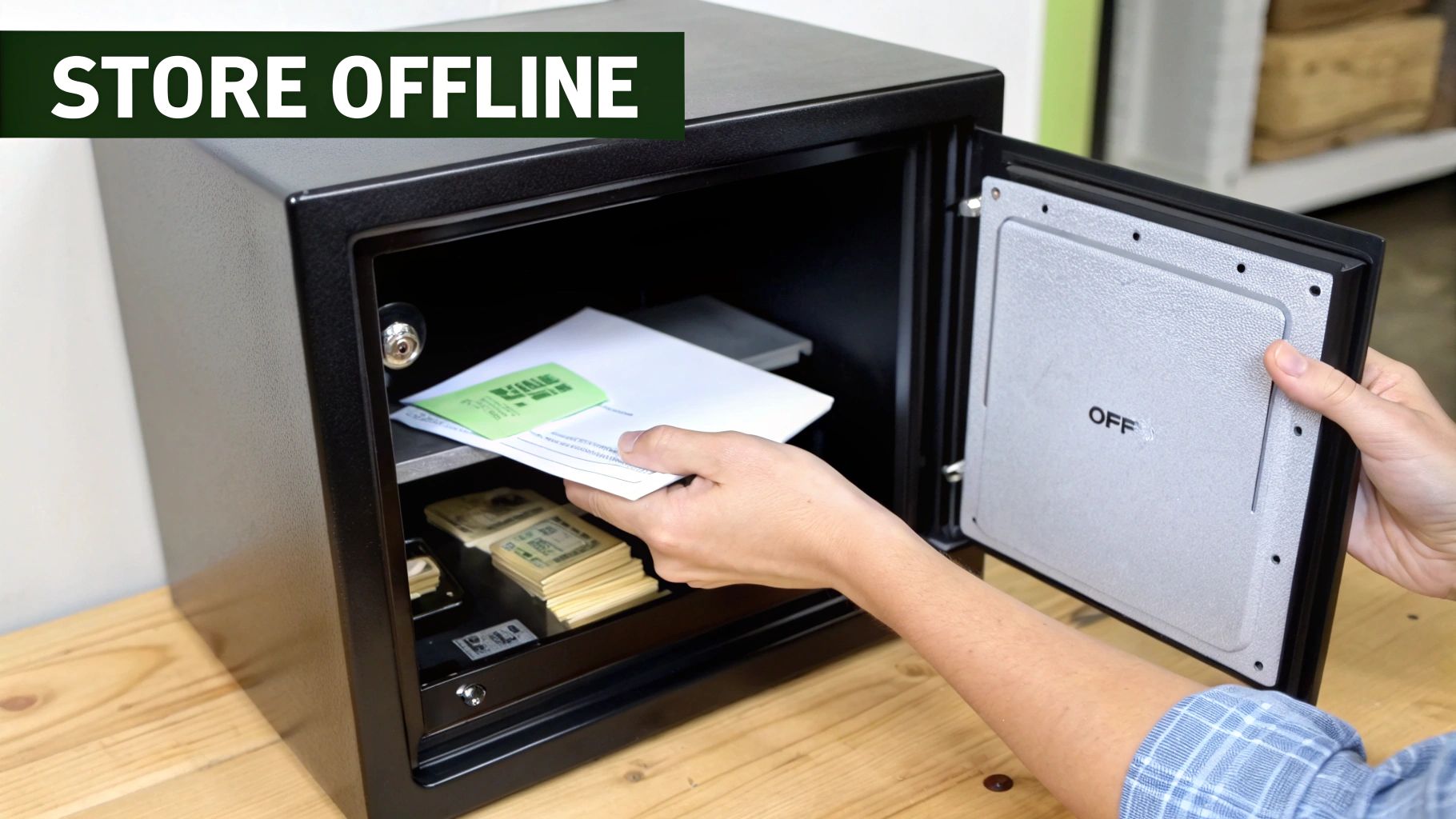 A person writing on a piece of paper with a crypto-themed background.