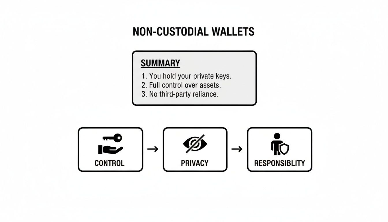 Diagram illustrating the core features of non-custodial wallets: control, privacy, and user responsibility.