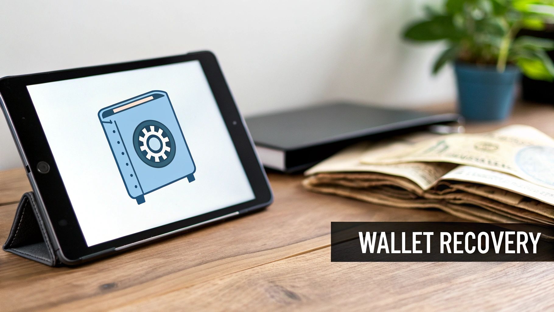 Tablet displaying secure wallet icon with gear symbol on desk beside open books for wallet recovery