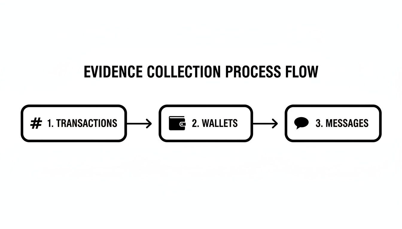Flowchart illustrating the three-step evidence collection process for crypto scams: transactions, wallets, messages.