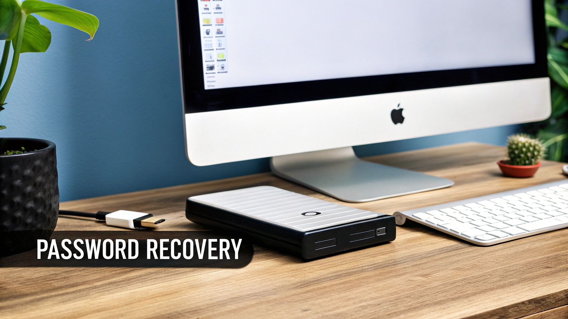 Password recovery external hard drive on wooden desk with Apple computer and keyboard