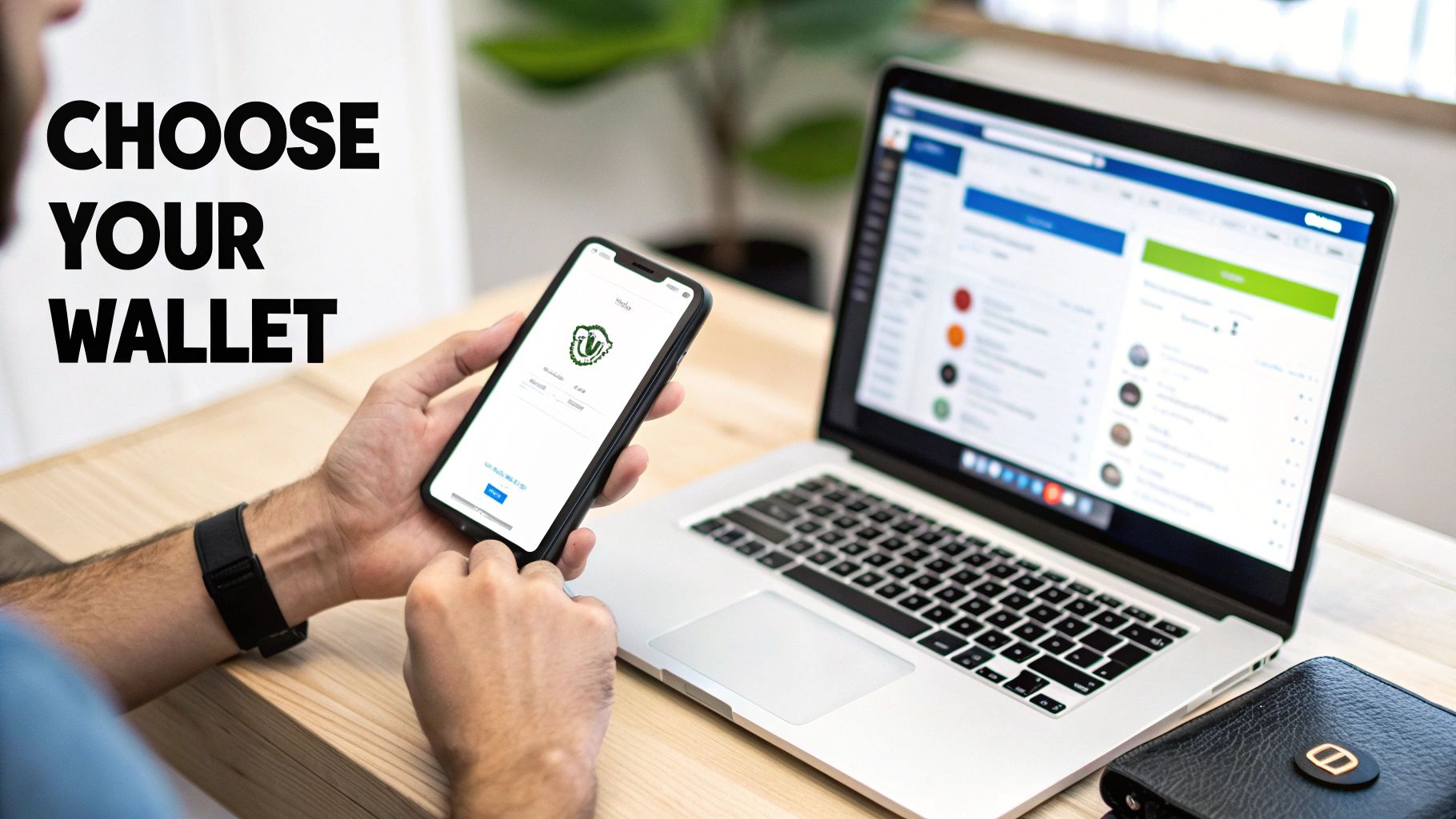 A person holding a smartphone displaying a crypto wallet app, with a laptop open on a desk.