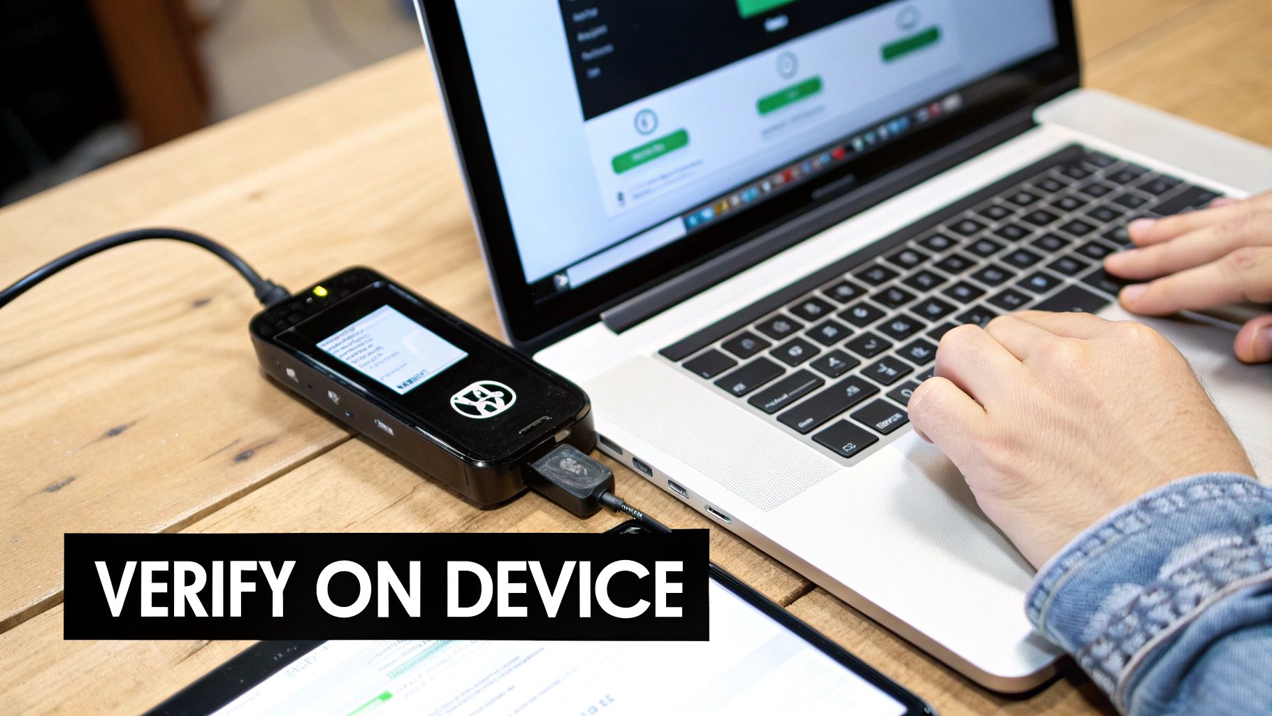 A person connects a black hardware crypto wallet to a laptop for on-device transaction verification.