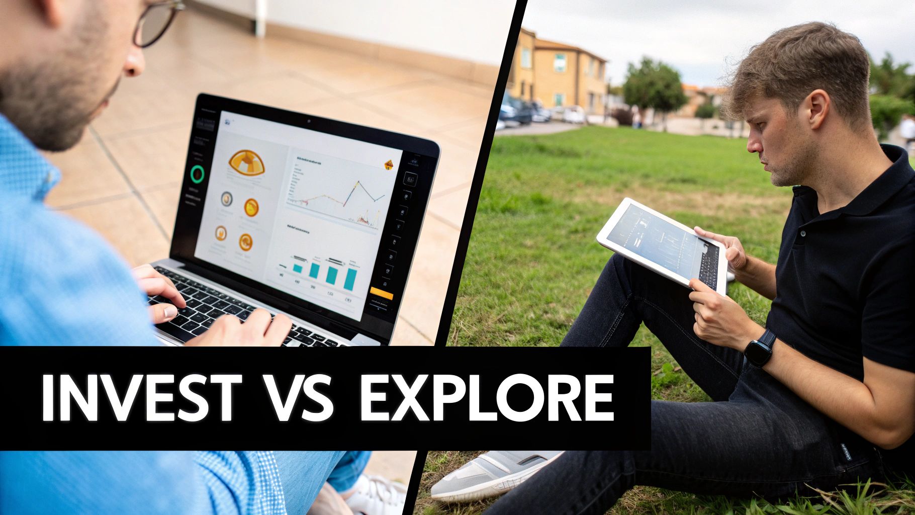 Two men, one working on a laptop indoors, the other on a tablet outdoors, with 'INVEST VS EXPLORE' text.