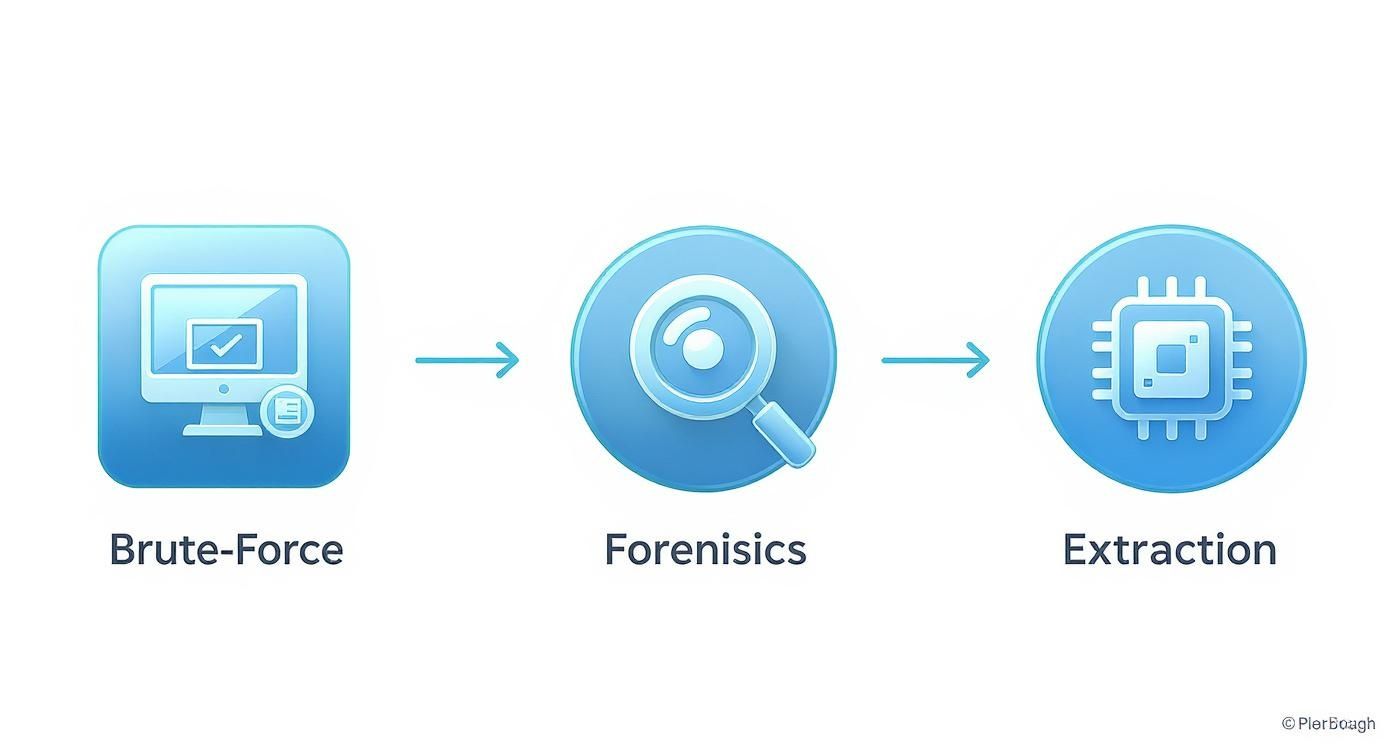 Three stage cryptocurrency wallet recovery process showing brute-force, forensics investigation, and data extraction workflow