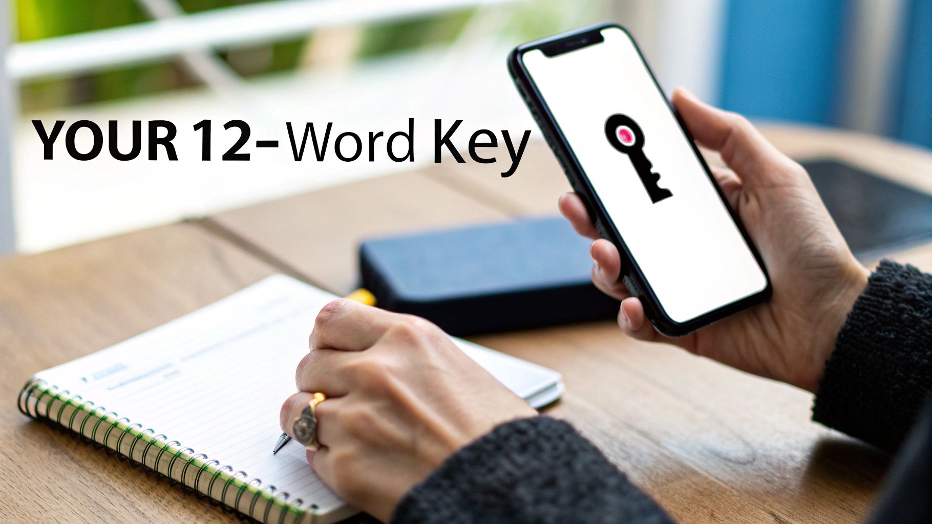Person writing down a 12-word security key in a notebook, holding a smartphone with a key icon.