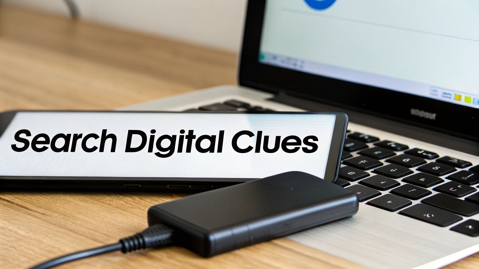 A smartphone displays 'Search Digital Clues' on a wooden desk with a laptop and external hard drive.