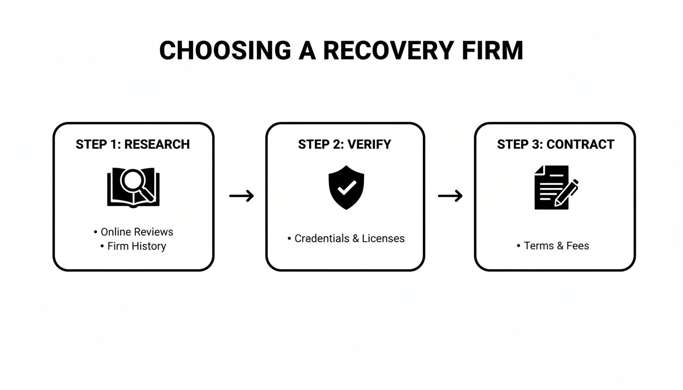 Flowchart showing three steps to choose a recovery firm: research online reviews, verify credentials, and contract terms.