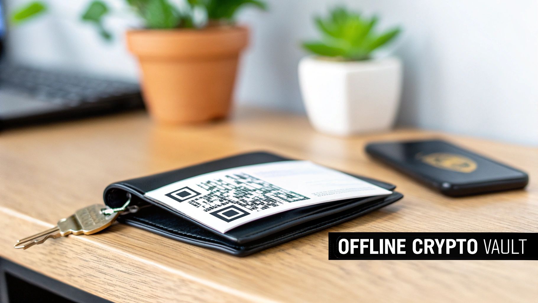 Offline crypto vault: a paper wallet with a QR code and a key on a wooden surface.