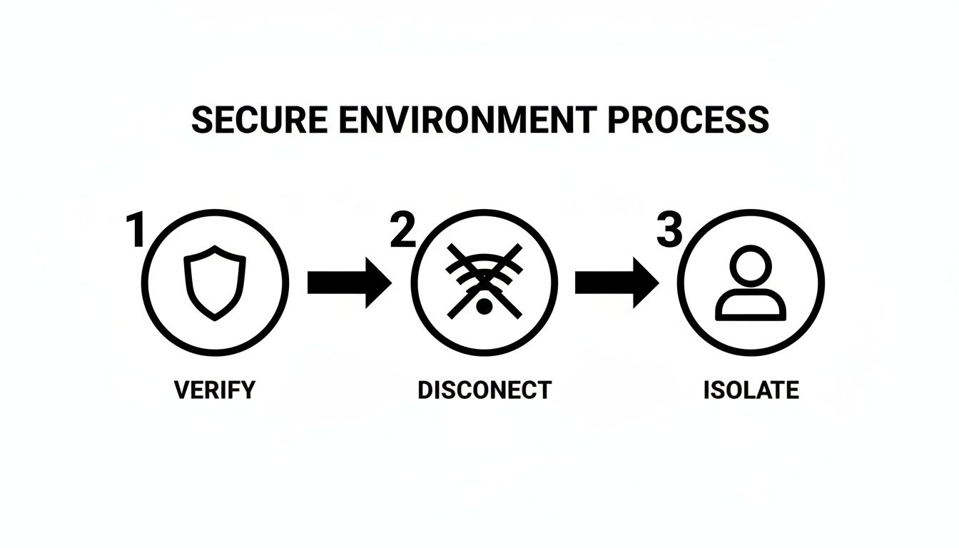 Diagram showing three steps for a secure environment process: verify, disconnect, and isolate.