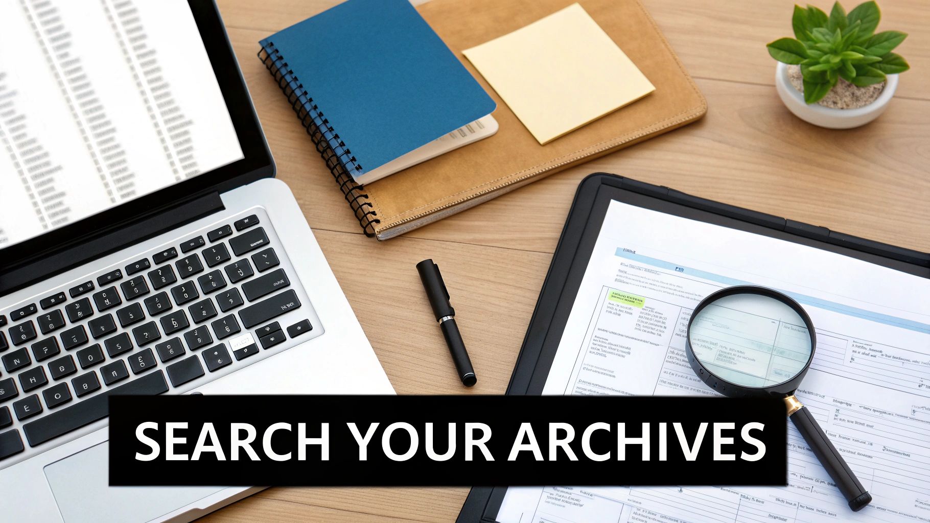 Overhead view of a laptop, notebooks, magnifying glass, and documents with 'SEARCH YOUR ARCHIVES' text.
