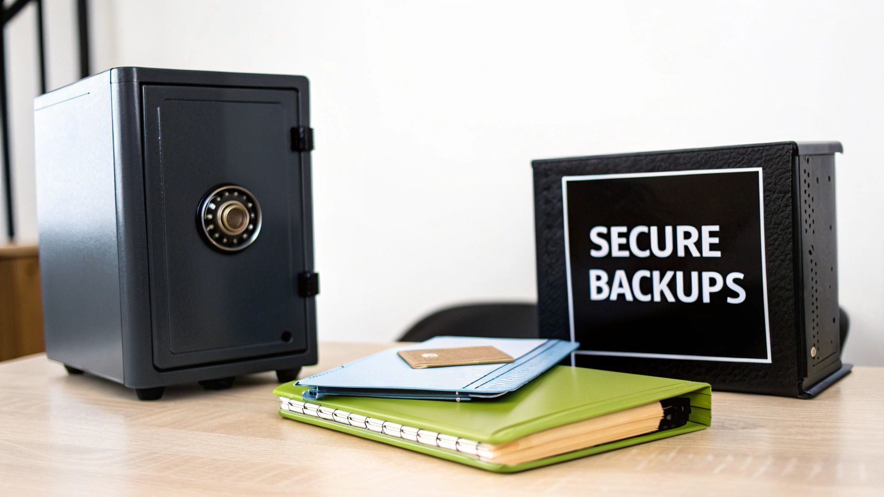 A small safe, a 'Secure Backups' box, and files on a wooden table, emphasizing data security.