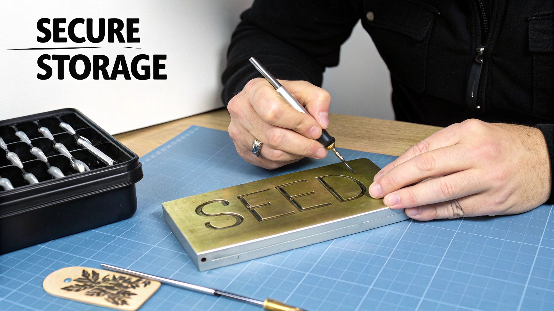 A physical padlock securing a digital icon, symbolizing the protection of a wallet recovery phrase.