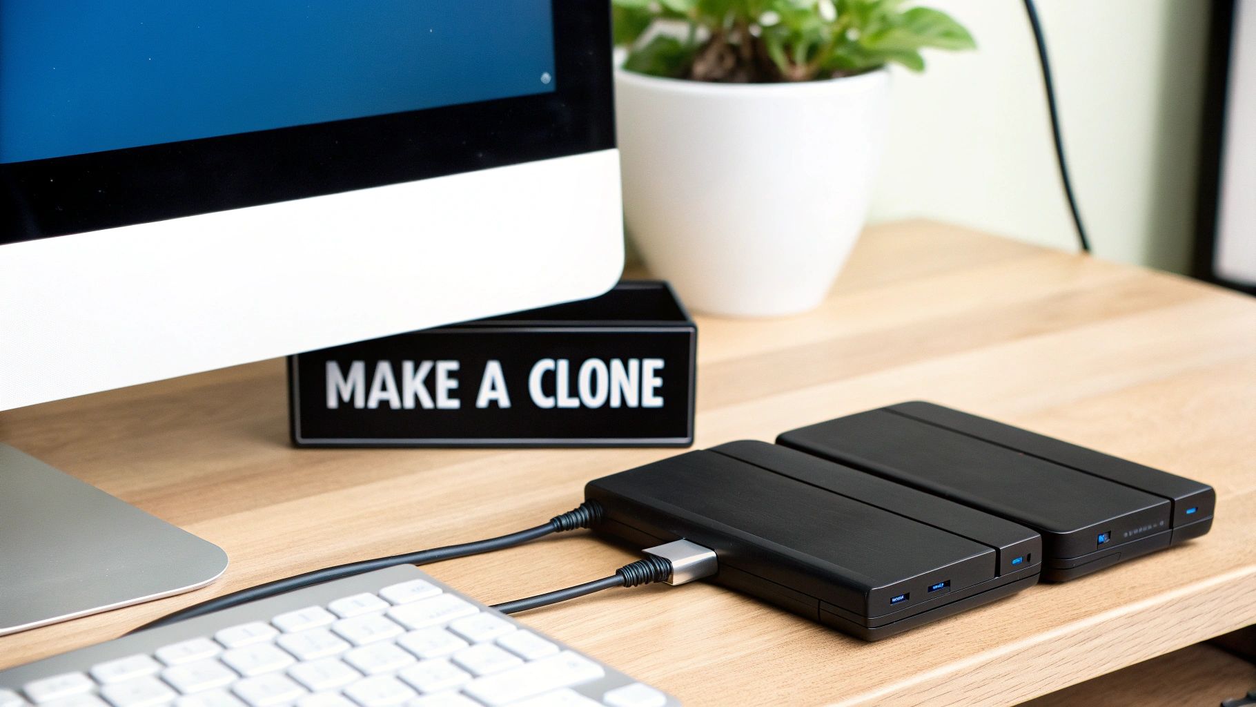 A computer monitor, keyboard, and two external hard drives on a wooden desk with a 'MAKE A CLONE' sign.