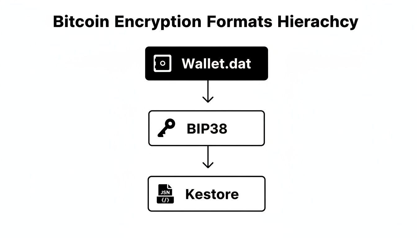 A diagram illustrating the hierarchy of Bitcoin encryption formats, showing Wallet.dat, BIP38, and Kestore.
