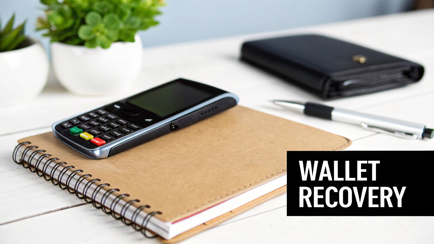 A phone on a notebook, next to a wallet and pen, with 'WALLET RECOVERY' text.