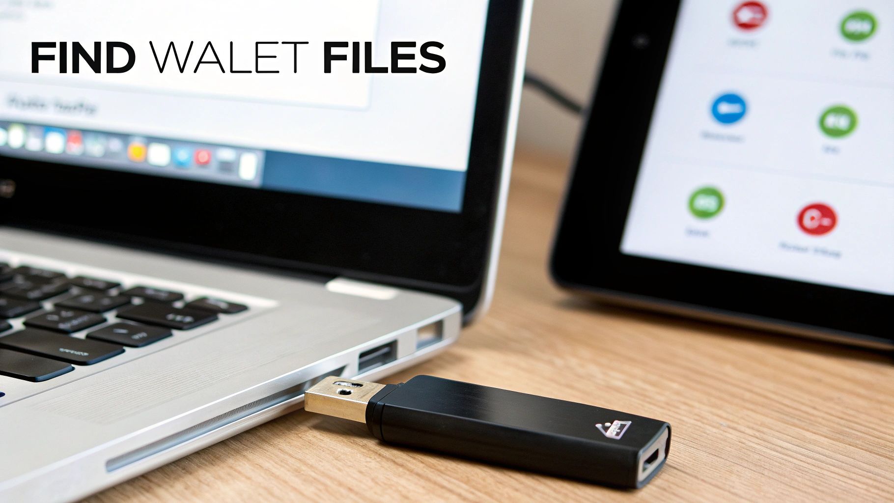 A USB flash drive is plugged into a silver laptop, displaying 'FIND WALLET FILES' on its screen.