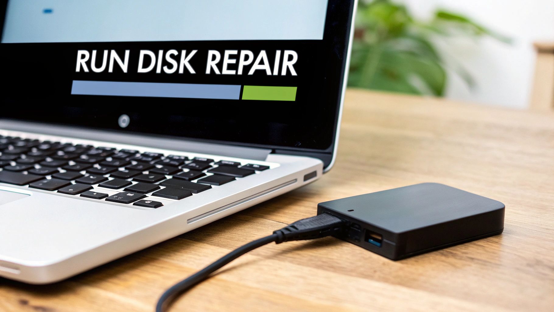 A laptop screen displays 'RUN DISK REPAIR' with a progress bar, connected to an external hard drive.