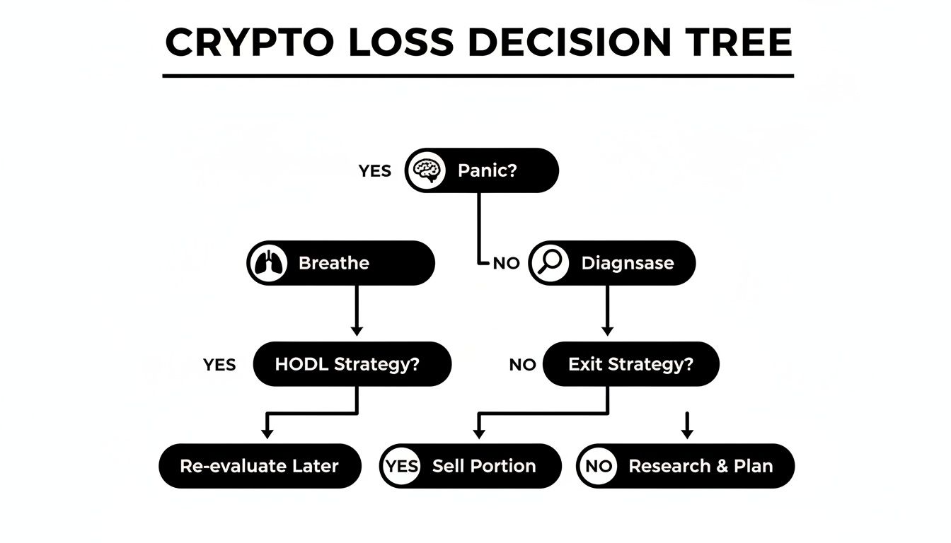 A crypto loss decision tree flowchart guiding investors through steps like panic, HODL, or exit strategy.