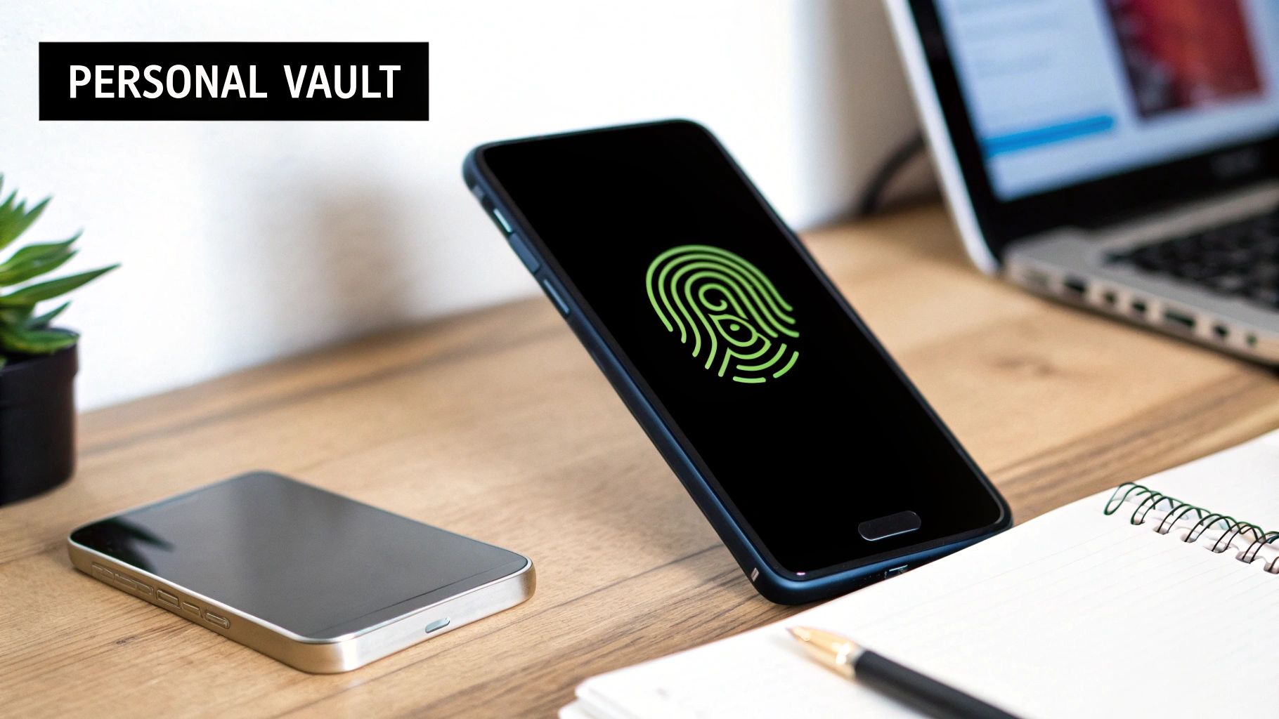 A person holding a phone displaying a secure digital vault icon, symbolizing control over personal crypto assets.