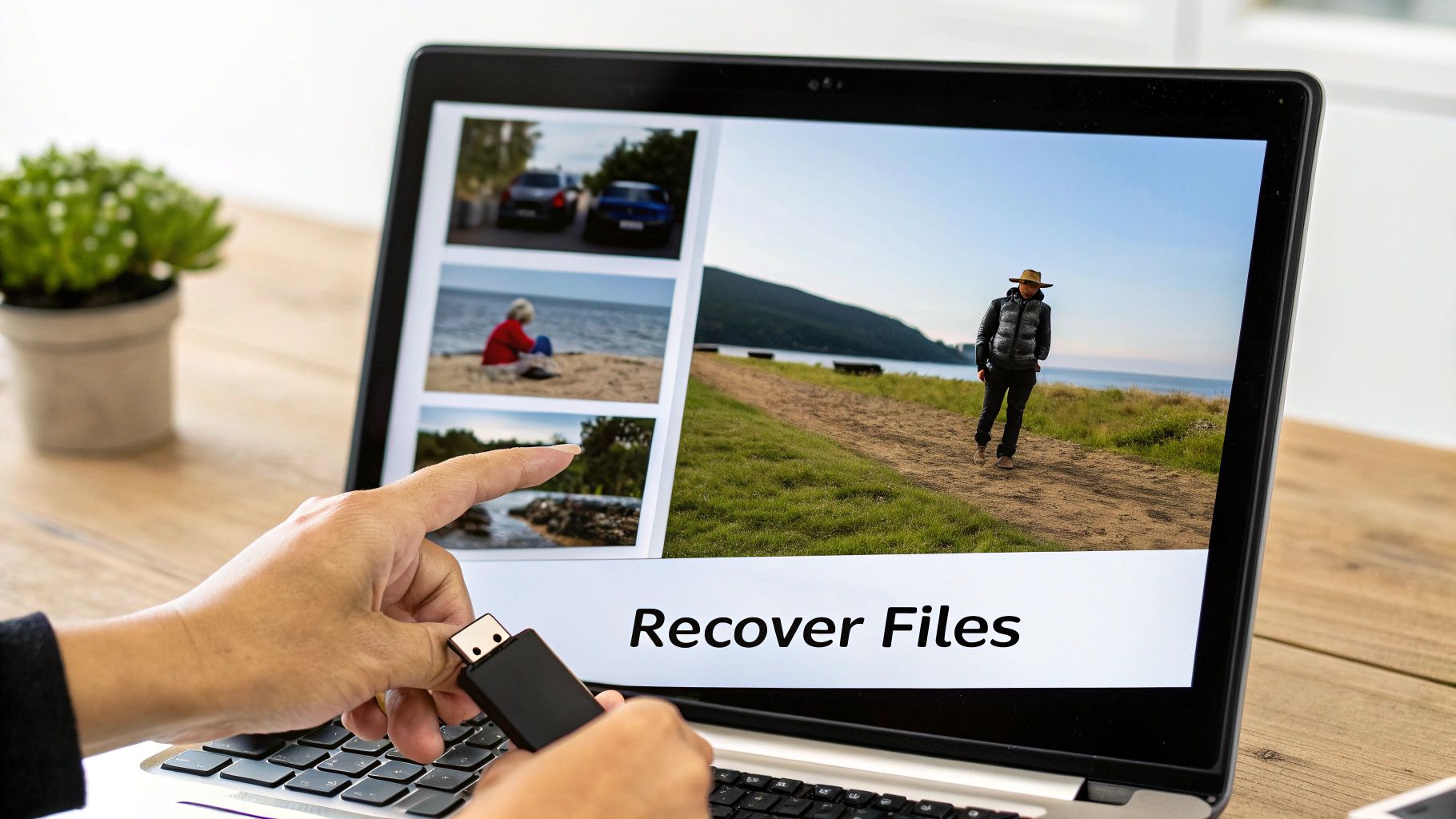 Hands holding a USB flash drive next to a laptop displaying 'Recover Files' for data recovery.