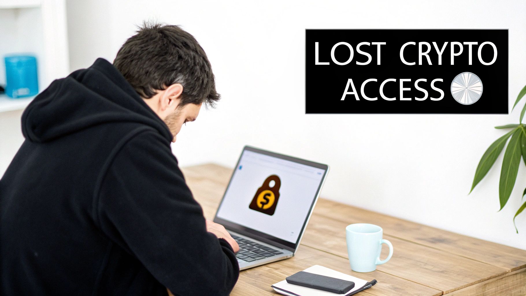 A person looking stressed while sitting in front of a laptop displaying cryptocurrency charts, representing the panic of a forgotten password.