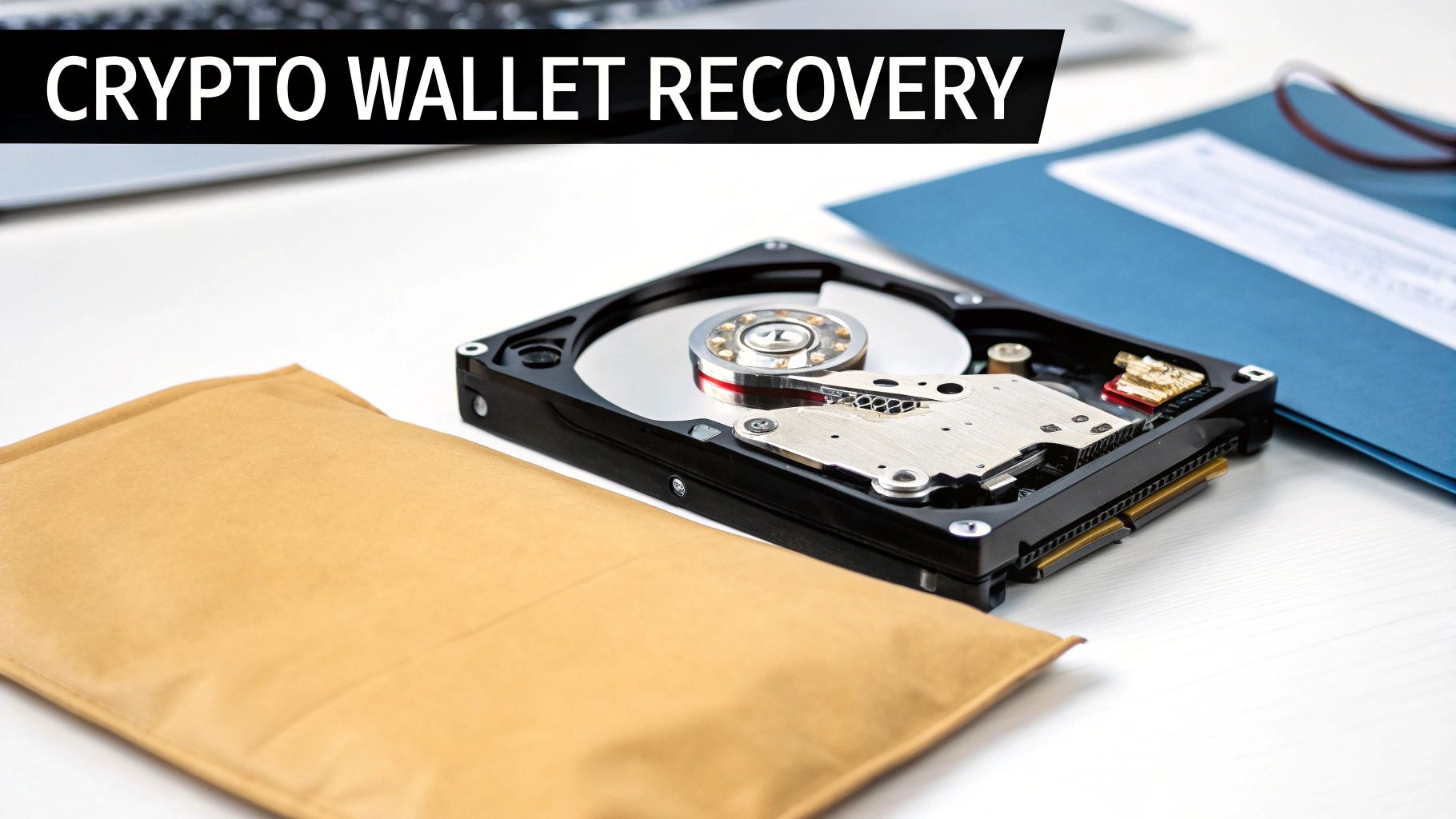 An opened hard drive, brown envelope, and blue folder, with 'CRYPTO WALLET RECOVERY' text.