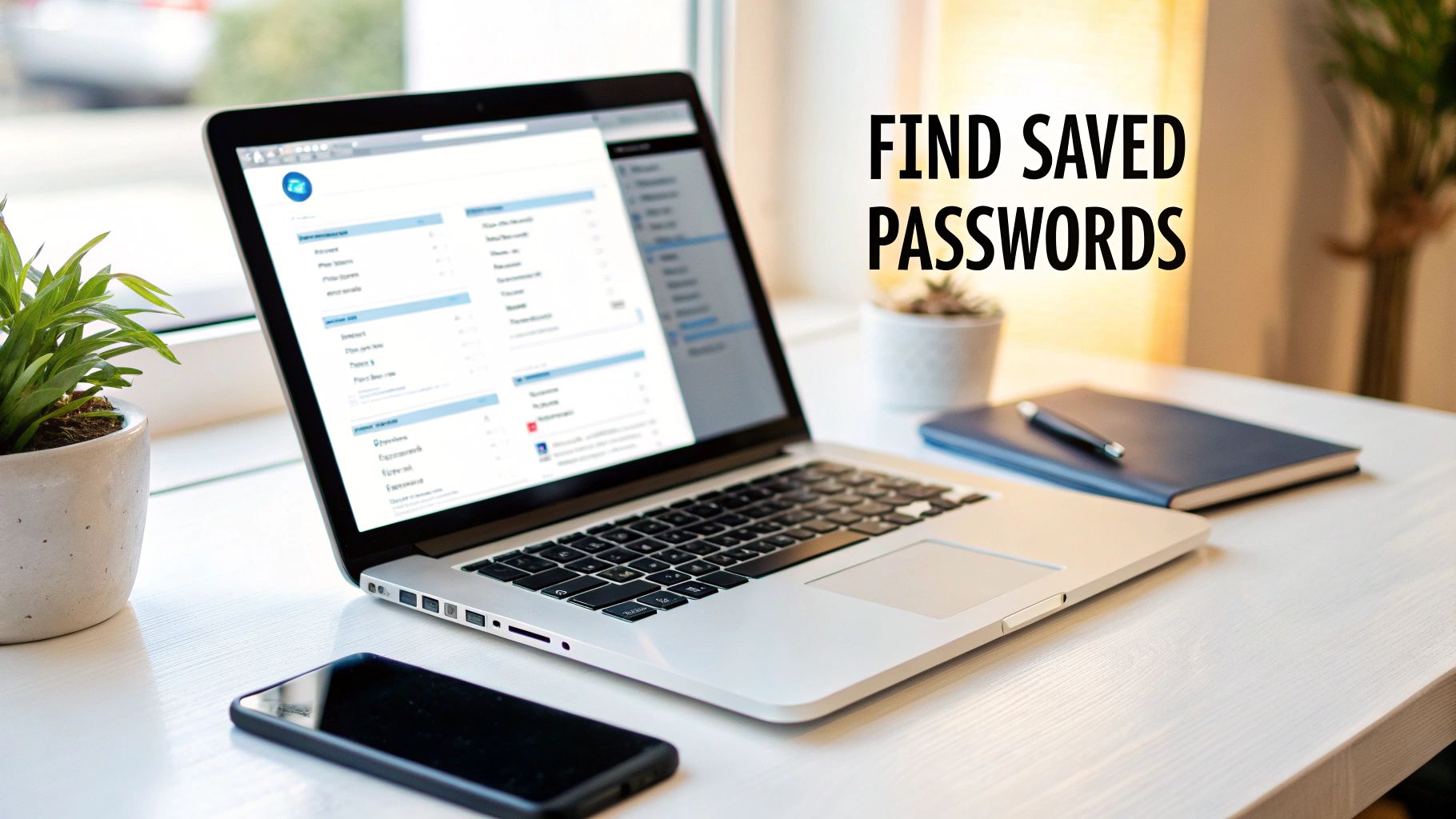 A laptop displaying a password management screen with text 'FIND SAVED PASSWORDS' on a white desk.