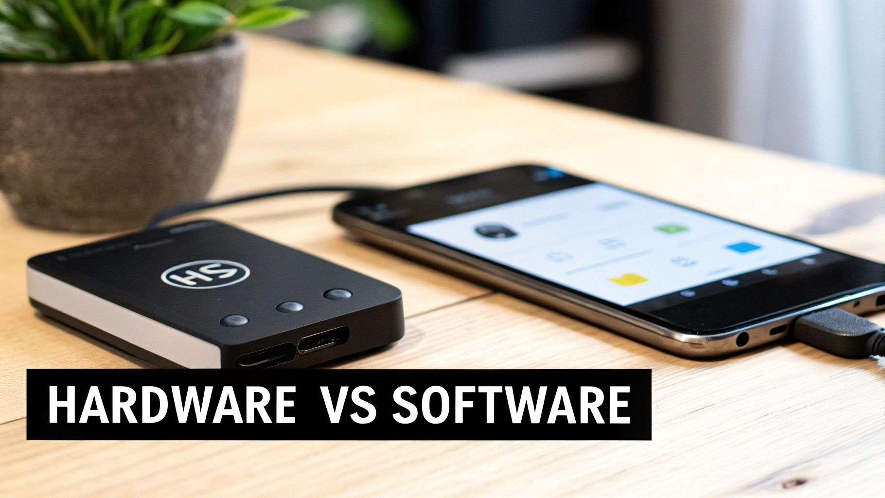 A black external device with an HS logo connected to a smartphone on a wooden table, representing hardware and software.