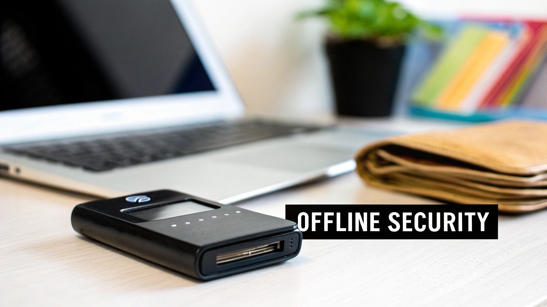 Black hardware cryptocurrency wallet device on desk next to laptop for offline security protection