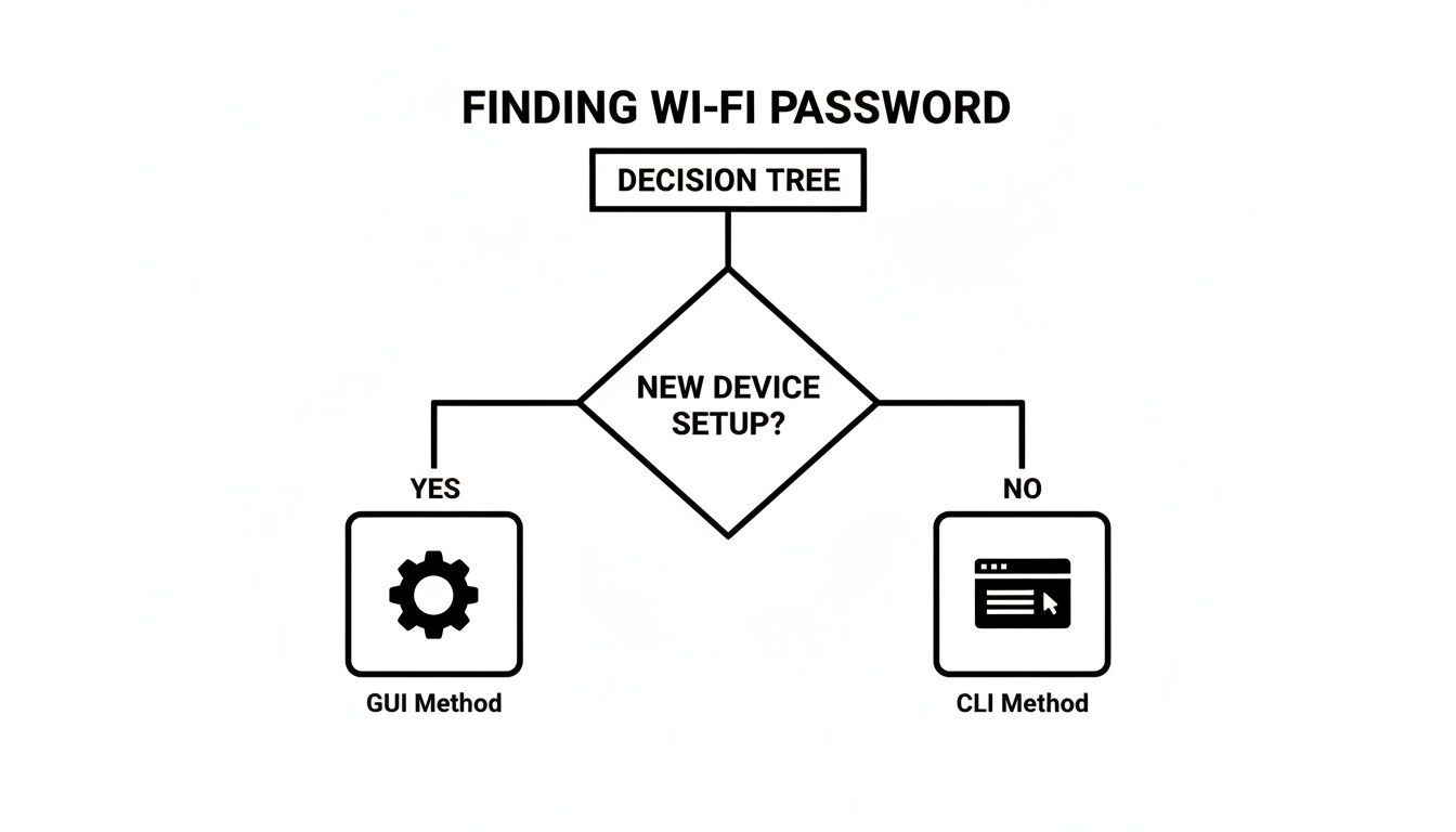 A decision tree flowchart showing methods to find a Wi-Fi password for new or existing devices.