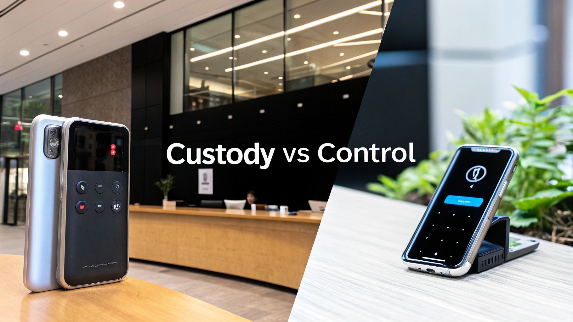 Two devices, a specialized secure phone and a smartphone, demonstrating custody versus control.
