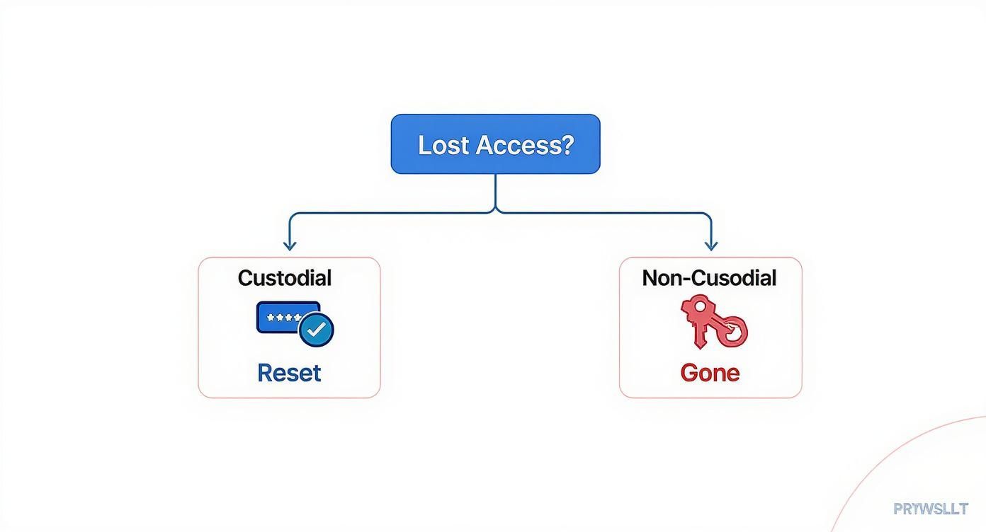 Flowchart illustrating access recovery difference between custodial (reset) and non-custodial (gone) systems.