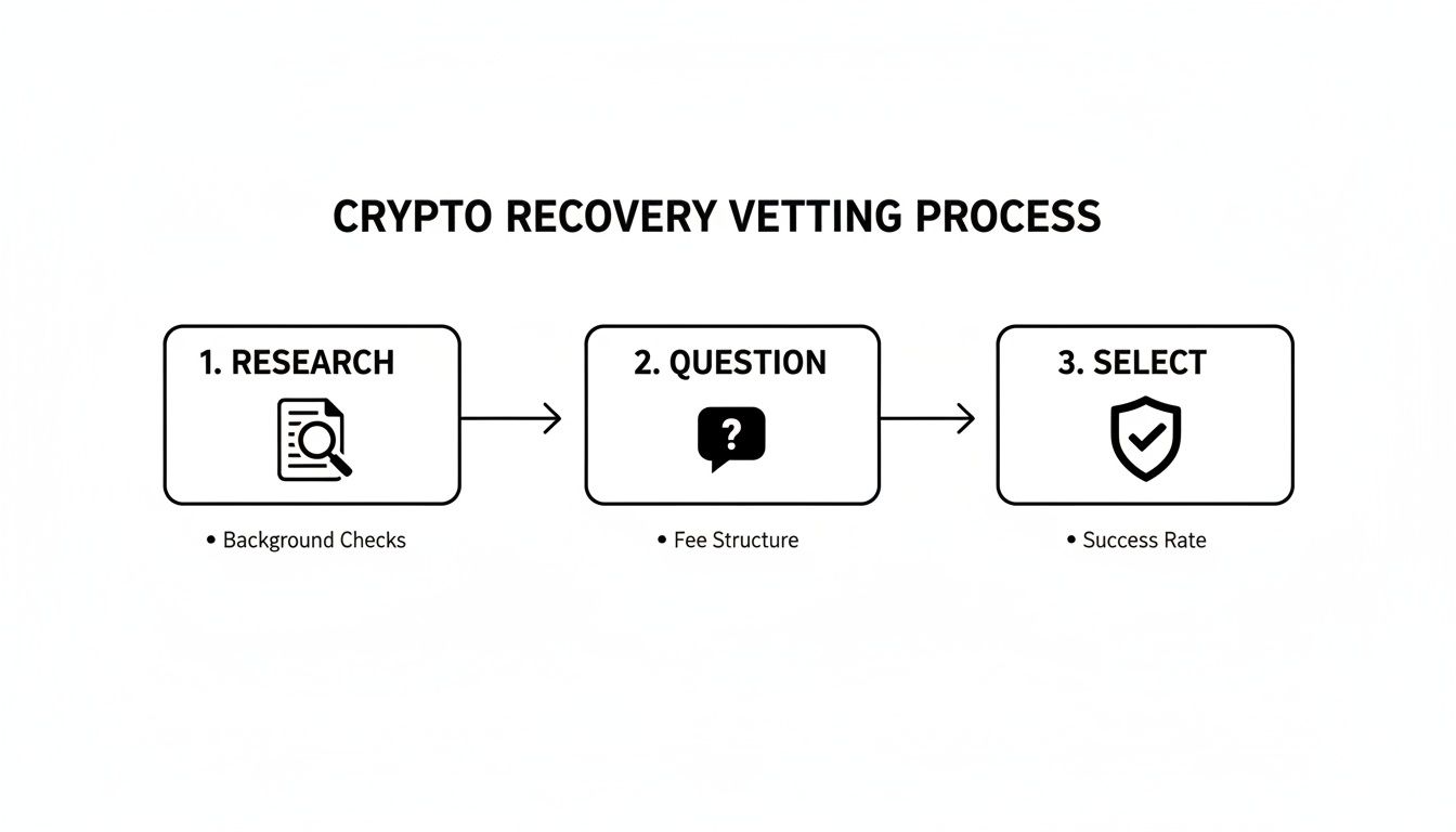 Infographic outlining the 3-step crypto recovery vetting process: research, question, and select.