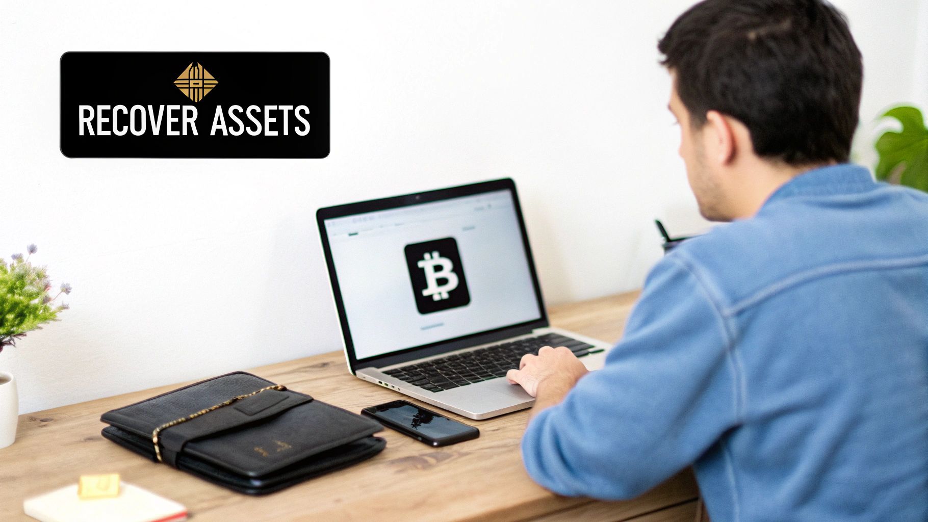 A person works on a laptop displaying a Bitcoin logo, with a 'RECOVER ASSETS' sign nearby.