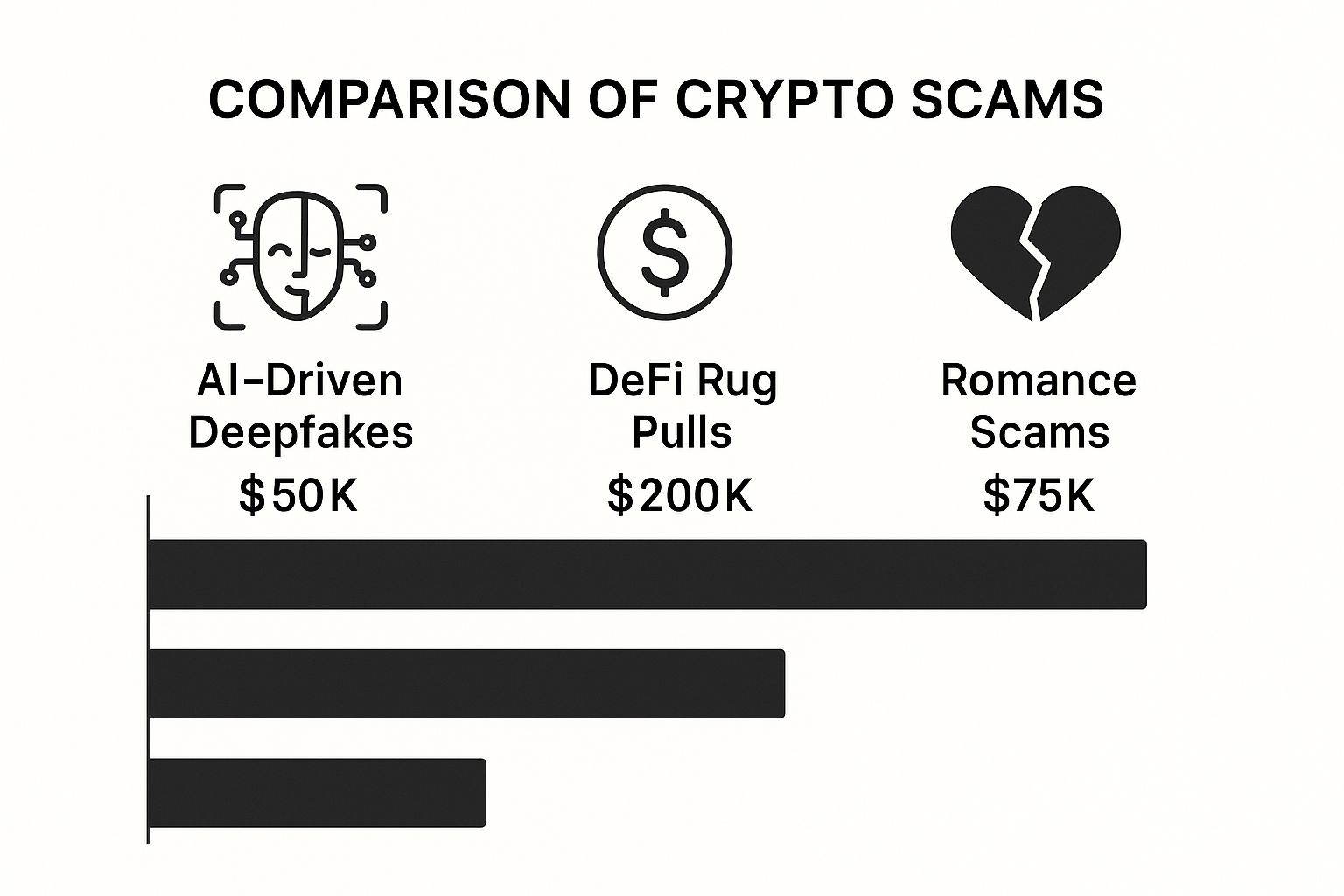 Infographic comparing the average financial losses from AI Deepfakes ($50k), DeFi Rug Pulls ($200k), and Romance Scams ($75k).