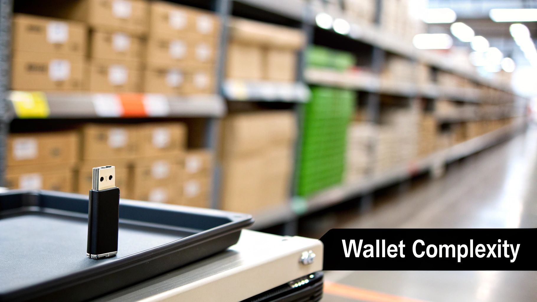 A black USB flash drive stands on a tray in a blurred warehouse aisle with shelves of boxes.